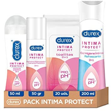 Durex Íntima Protect Pack Lubricante de Base Agua, Gel Limpiador Refrescante, Gel Íntimo Balanceador y Toallitas para Higiene Íntima Mujer – 4 productos