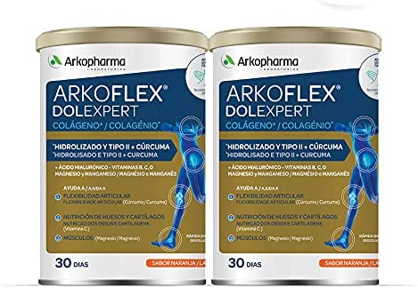 Arkopharma Arkoflex Dolexpert Colágeno Hidrolizado tipo I y II Pack 60 Días, Sabor Naranja, Bote 390gr x2, Articulaciones, Huesos y Músculos, Ácido hialurónico