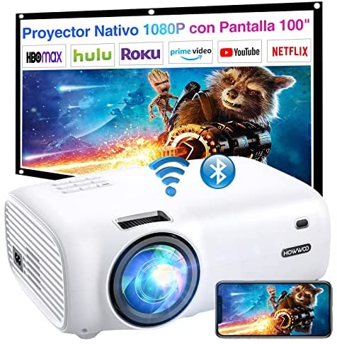 Mini Proyector 8500 Lúm, HOWWOO WiFi Proyector Bluetooth 1080P Nativo, Proyector Cine en Casa con Pantalla de 100" y Pantalla Máxde 300", para HDMI/VGA/USB/AV/SD/TV Stick/Smartphone