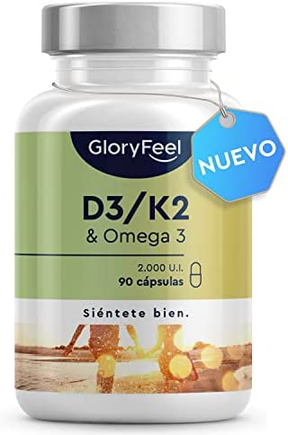 Vitamina D3+K2 y Omega 3 – 90 cápsulas de gelatina blanda (3 meses)- Concentrado y sin aditivos – 2000 UI de vitamina D, 100 µg de vitamina K y 1000mg de aceite de pescado con 400mg EPA y 300mg DHA