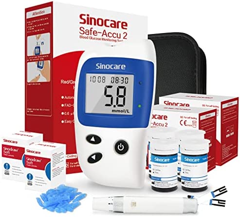 Sinocare Medidor de Glucosa en Sangre, Kit de Prueba de Glucosa en Sangre, 50 x Tiras de Prueba de Glucosa en Sangre y Dispositivo de Punción – mg/dL (Safe AQ Smart)