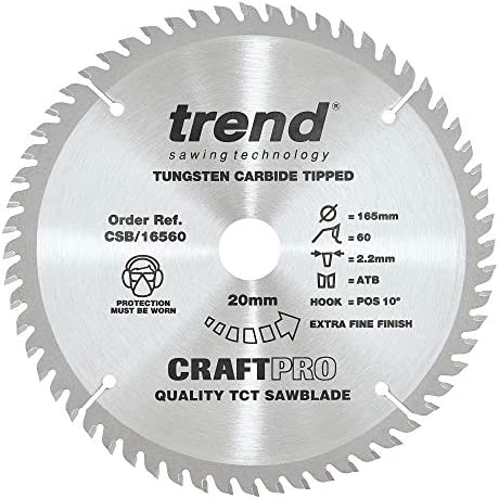 Trend CraftPro Hoja de sierra TCT, 165 mm de diámetro x 20 mm de diámetro interior x 60 dientes, con punta de carburo de tungsteno, CSB/16560