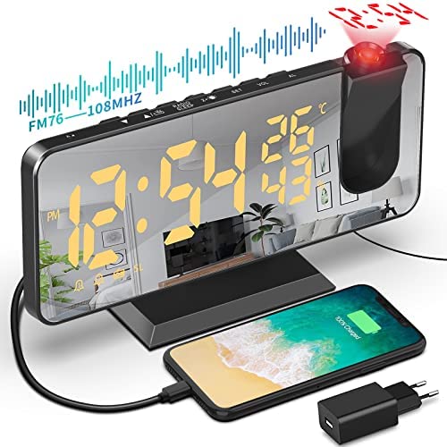 Radiodespertador Despertador de Proyección Reloj Despertador con Radio FM Humedad Temperatura 2 Alarmas Puerto de Carga USB 4 Niveles de Brillo 3 Niveles de Proyección Reloj Digital para Regalo