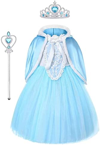 URAQT Disfraces Princesas Elsa, Disfraz de Princesa Niña con Accesorios de Tiara Elsa, Traje Princesas Niñas con Capa, Disfraz de Halloween para Niña de Cosplay, Cumpleaños, Carnaval