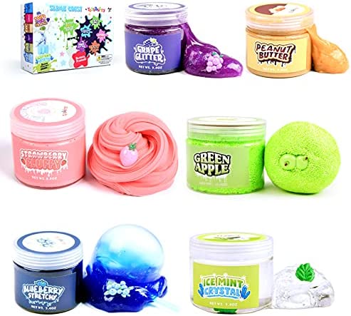 ToysButty Kit de Slime para niñas y niños, 6 Slime prefabricados con perfumado en recipientes encantos de Frutas, Kit de Masilla de Cristal Transparente,Purpurina, Fluffy, Regalo Juguetes