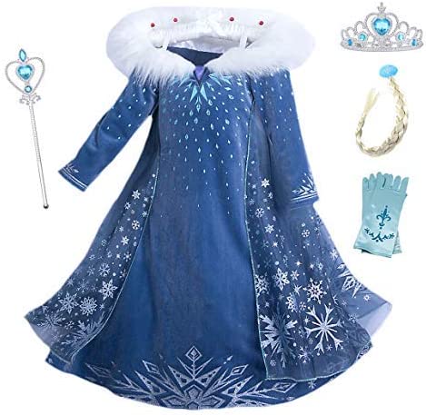 YOSICIL Vestido Elsa con Capa Disfraz de Princesa de Invierno Niñas Manga Larga Vestido Frozen Nieve Traje de Fiesta Costume Princesa Anna para Regalo Cumpleaños Boda Vestido Largo 3-10Años,Azul 150