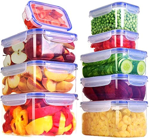 KICHLY 18 piezas envases herméticos de plástico para almacenamiento de alimentos (9 envases, 9 tapas) Contenedores de alimentos para cocina, despensa, alacena – microondas y congelador – Sin BPA