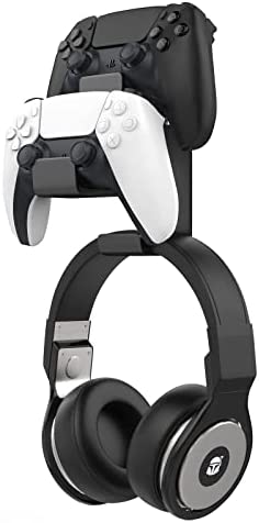 MoKo Soporte para Controlador de Juegos, Soporte Compatible con PS3, PS4, PS5, PC, STEAM, Switch, Universal Armadura de Aleación de Aluminio de Pared para Controlador Dual y Auriculares – Negro