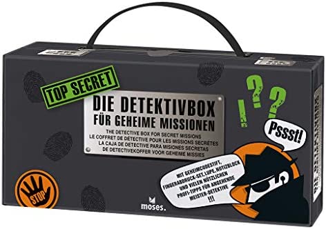 moses 30711 Top Secret-Detektivbox – Maletín para Detectives (12 en 1), Equipo para Agentes Secretos, Color Negro