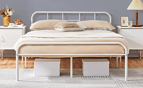 Yaheetech Marco de cama de 140 x 190 cm, doble de metal para adultos, gran espacio en lamas, color blanco