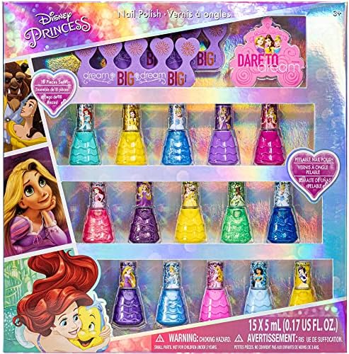Townley Girl Princesas Disney Esmalte de Uñas de Secado Rápido, No Tóxico, Base de Agua, Natural y Seguro Set de Regalo para Niñas Colores Brillantes y Opacos Edades 3+ (18 Piezas)