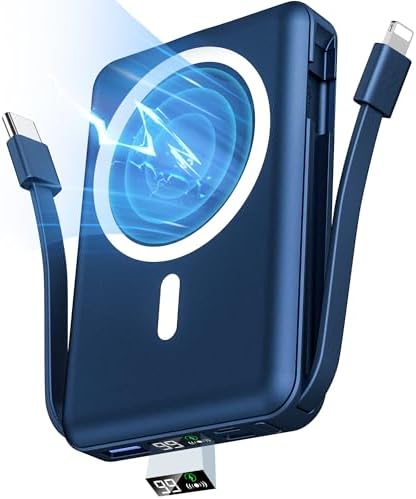 Power Bank mag-Safe, Podoru 10000mAh Bateria Externa iPhone Compatible con mag-Safe Dual Cable Type-C/Lighting PD22.5W Bateria Externa Carga Rapida Pantalla LED para iPhone 15/14/13/12-Azul