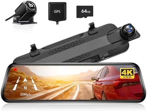 Wolfbox G930 10" Espejo Retrovisor con Camara 4K Ultra HD Doble Dashcam y 1080P WDR Camara Trasera Espejo Dash CAM Coche para Navegador GPS 24H Cámara Vigilancia Aparcado Tarjeta 64GB
