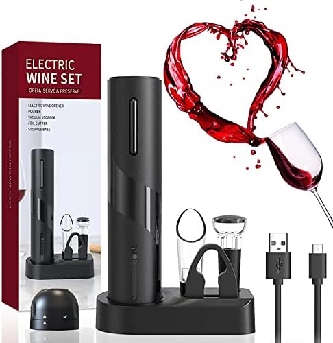 ZOYIDOUX Abridor de vino eléctrico recargable 7 en 1 Juego de regalo, Sacacorchos eléctrico con base, cortador, tapón de vacío de silicona, tapones de champán,vertedor, línea USB