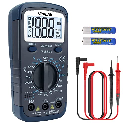 VENLAB Multímetro digital, Voltímetro con medición de Tensión CA/CC, Corriente CC, Resistencia, Diodo, Transistor, Continuidad, Polimetro VM-200M