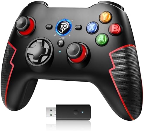EasySMX 2.4G/Bluetooth Mando Gaming PC PS3 Inalambrico con Hall Trigger – Turbo – Vibración – Batería Incorporada – para PC/PS3/Switch/Android TV- TV Box/Móvil/Tableta/Portátil – Negro con Rojo