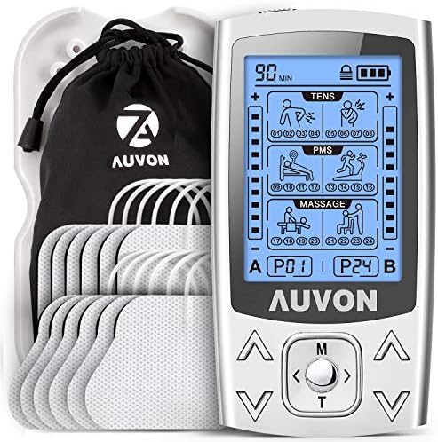 AUVON 3-en-1 Electroestimulador muscular de 24 modos, con función TENS, EMS y masaje, para aliviar el dolor muscular y fortalecer los músculos, 2 Canales, 12pcs 2"x2" Electrodos con diseño patentado