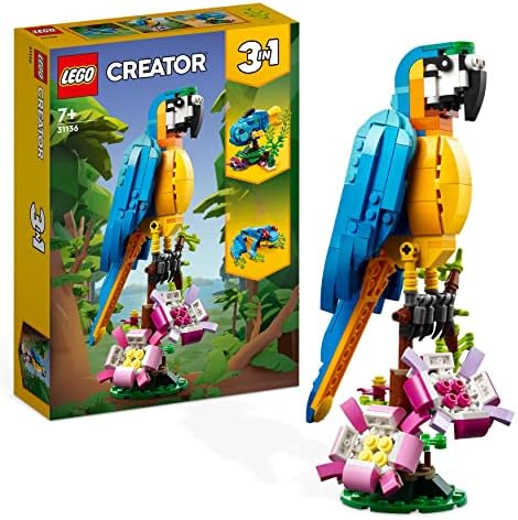 LEGO 31136 Creator 3 en 1 Loro Exótico, Pez o Rana, Figuras de Animales de Juguete para Construir, Regalo de Pascua para Niños y Niñas de 7 Años o Más, Juego Creativo