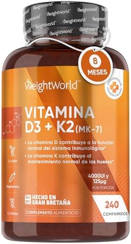 Vitamina D3 y K2 4000 UI – 240 Comprimidos – 8 Meses de SuministroContribuye a la Función Normal del Sistema Inmune, Huesos y Músculos – Alta Biodisponibilidad de MK7 – Apto para Vegetarianos