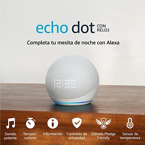 Echo Dot con reloj (5.ª generación, modelo de 2022)Altavoz inteligente wifi y Bluetooth con Alexa y reloj, con sonido más potente y de mayor amplitud