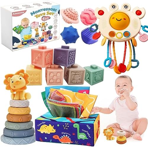 Juguetes Sensoriales Educativos Montessori, 5 en 1, Bloques Apilables, Caja de pañuelos, Regalo para Bebes y Niños de 6 meses a 3 Años