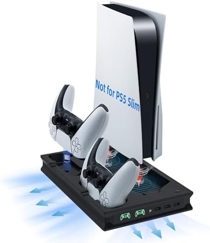 Mcbazel Soporte Vertical para Cargador de refrigeración PS5, Soporte de LED Multifuncional con estación de Carga de Controlador Dual para Consola PS5 UHD/edición Digital – Negro(No para PS5 Slim)